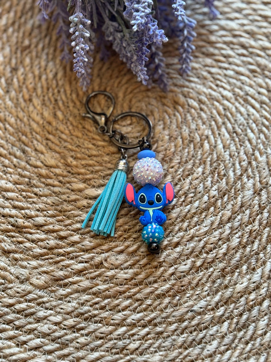 Blue Alien Guy Beaded Bar Keychain